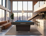 The Rasson Hero pool table setup, level best, and ready to play in a room with a view.