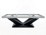 Side view of the Rasson Victory III pool table high-strength aluminum alloy beam frame on the V shape legs.